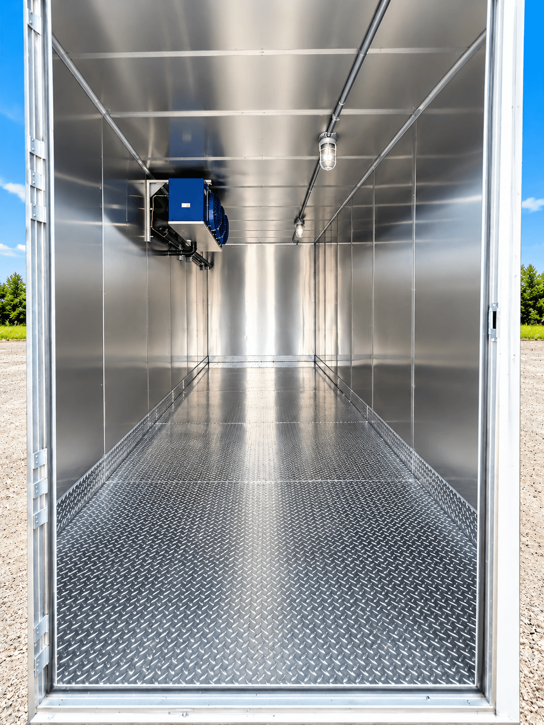 Walk-in cold storage interior with a blue refrigeration unit